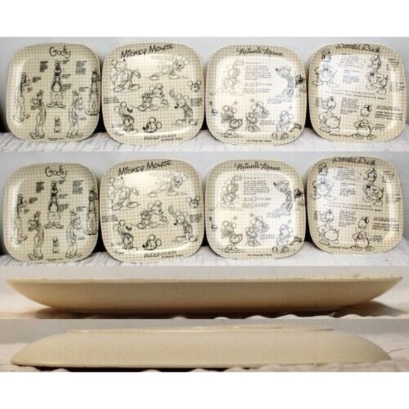 Disney Artist Sketch Bamboo Plates 4 Piece Set Mickey Mouse Goofy Square Grid - Picture 2 of 9